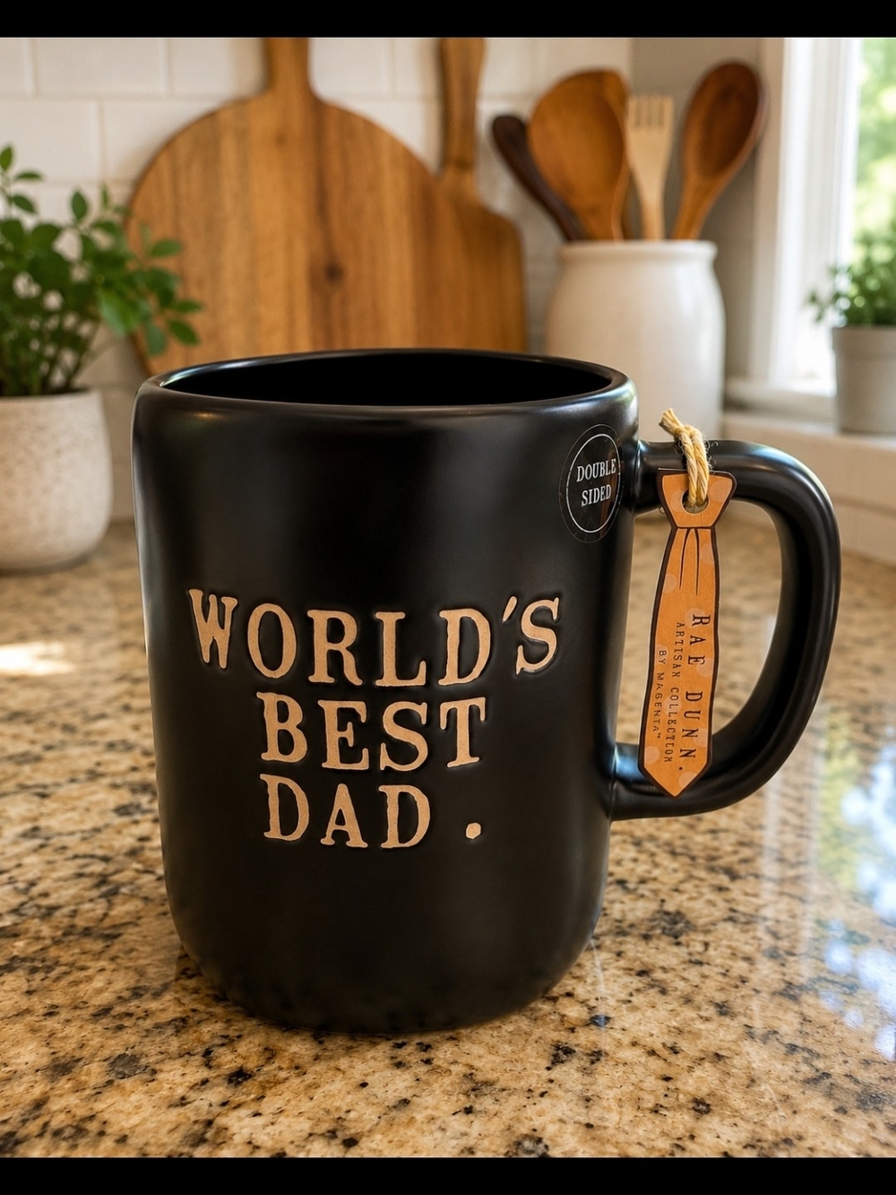 Rae Dunn "World's Best Dad" Double Sided Black Ceramic Mug.